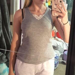 Gray Ribbed Tank Top with Lace Detail